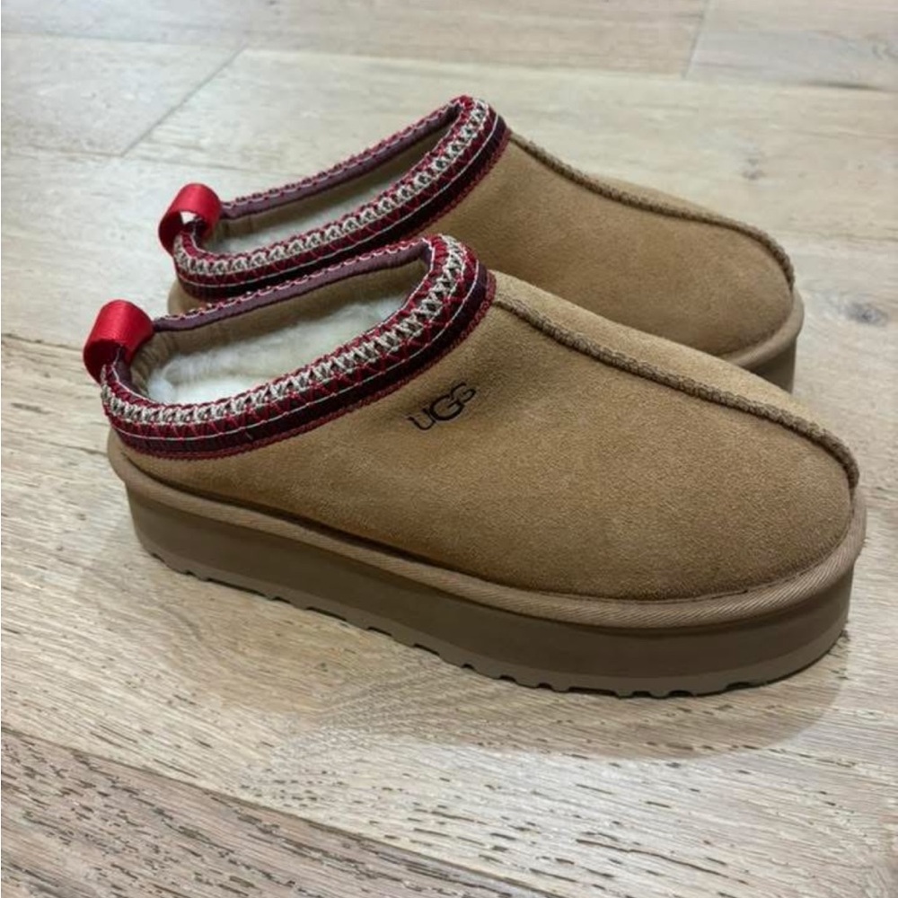 UGG Brown Platform Slip-Ons with Red Trim